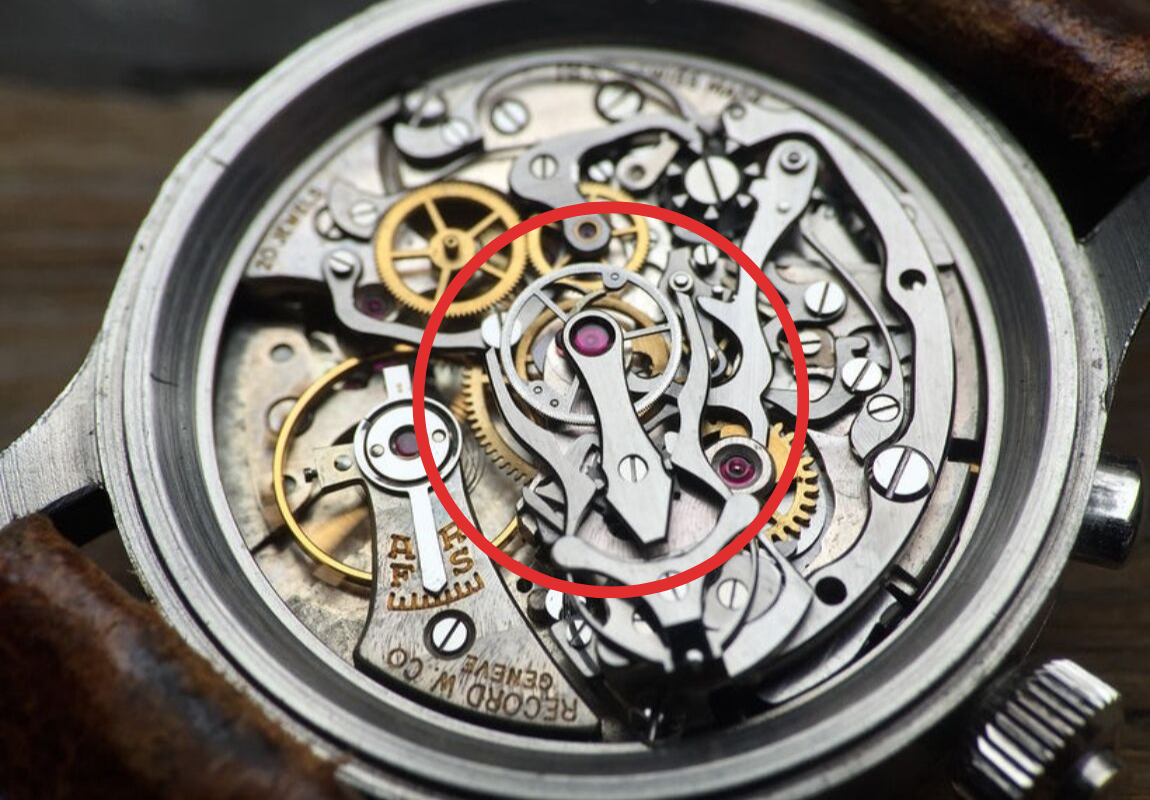 Bộ chuyển động split-seconds trong một chiếc đồng hồ cổ của Record Watch Co.